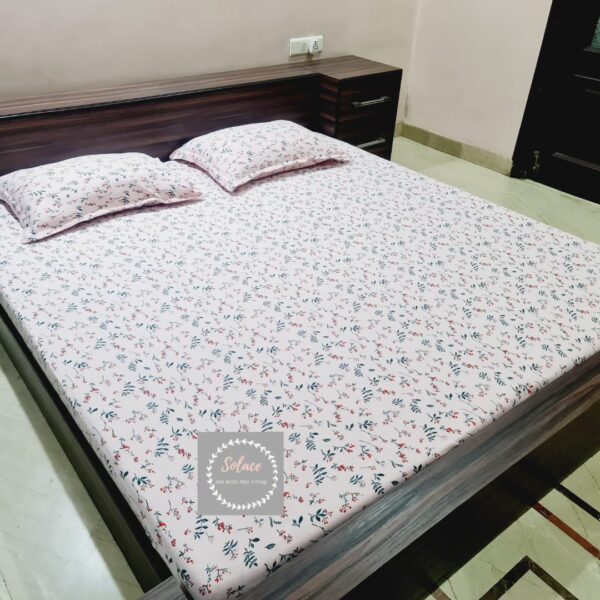 Baby pink printed hosiery fitted bedsheet with same pillow covers