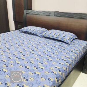 Blue kids car print hosiery bedsheet with same pillow covers