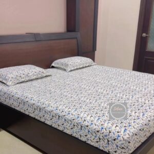 Premium blue white car printed hosiery bedsheet with same pillow covers