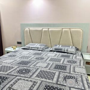 Signature printed grey geometrical traditional design pure cotton hosiery bedsheet with same pillow covers